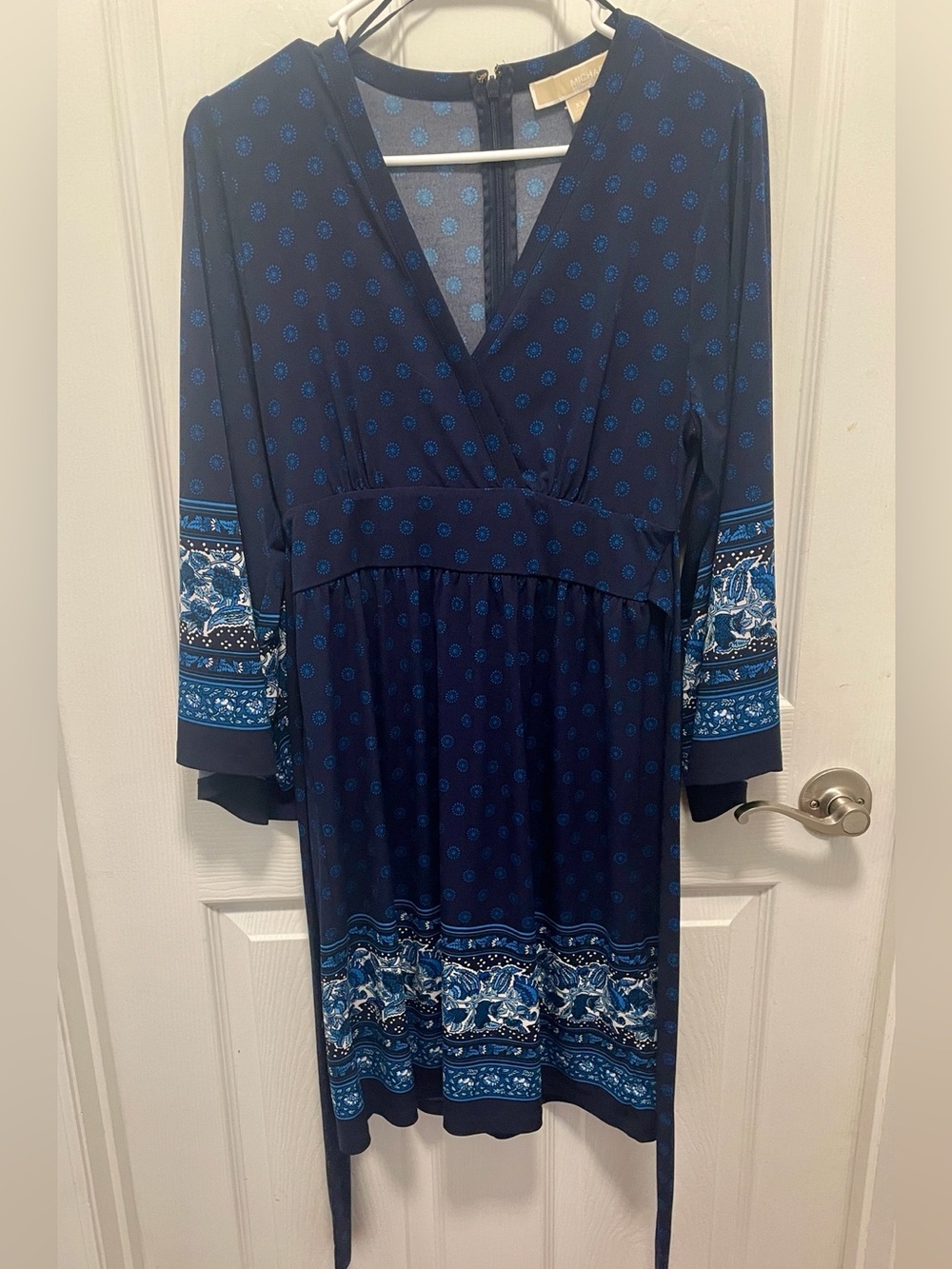 Michael Kors Navy Blue Printed Long Sleeve V-Neck Dress